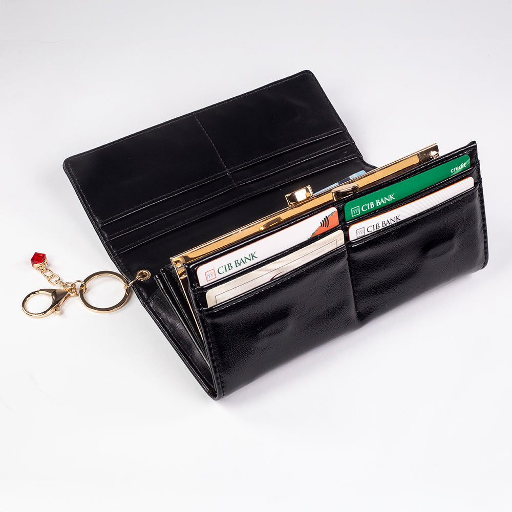 Portofel de damă compact, cu breloc pentru chei – roșu și negru