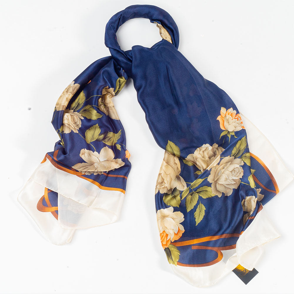 Eșarfă „Pânză & Flori”, 85 x 180 cm, albastră, 100% mătase vegană