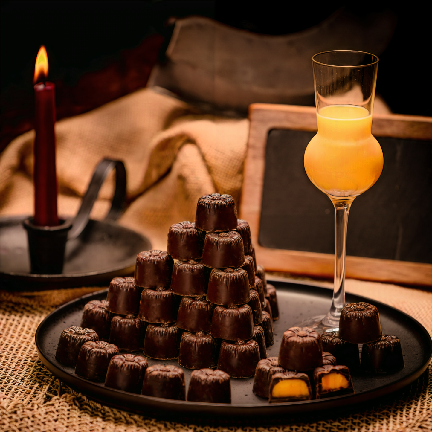1 kg de praline din ciocolată neagră umplute cu lichior de ouă