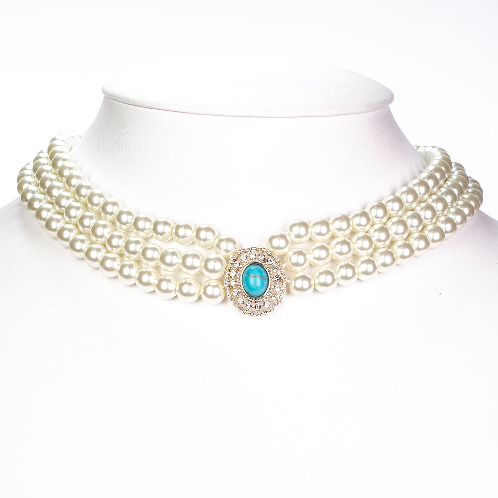 Set din Aliaj Placat cu Aur ( 115 grame ) cu Perlă de cristal și Turcoaz 65.9 Carate ( Colier+Cercei )