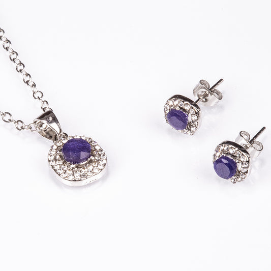 Set din Aliaj Placat cu Aur ( 4.5 grame ) cu Safir și Cristal Alb Emporia® 2.77 Carate ( Colier+Cercei+Pandantiv )
