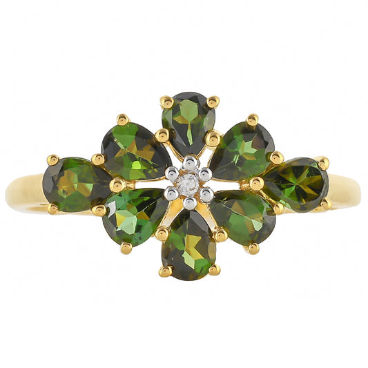 Inel din Argint 925 Placat cu Aur ( 1.73 grame ) cu Turmalină Verde și Zircon Natural 1.26 Carate