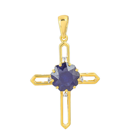 Cruce Pandantiv din Argint 925 Placat cu Aur ( 2.54 grame ) cu Safir Albastru Thailandez și Topaz Alb 5.22 Carate