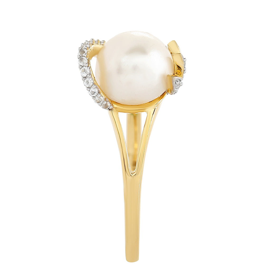 Inel din Argint 925 Placat cu Aur ( 2.28 grame ) cu Perlă de Cultură și Topaz Alb 2.84 Carate