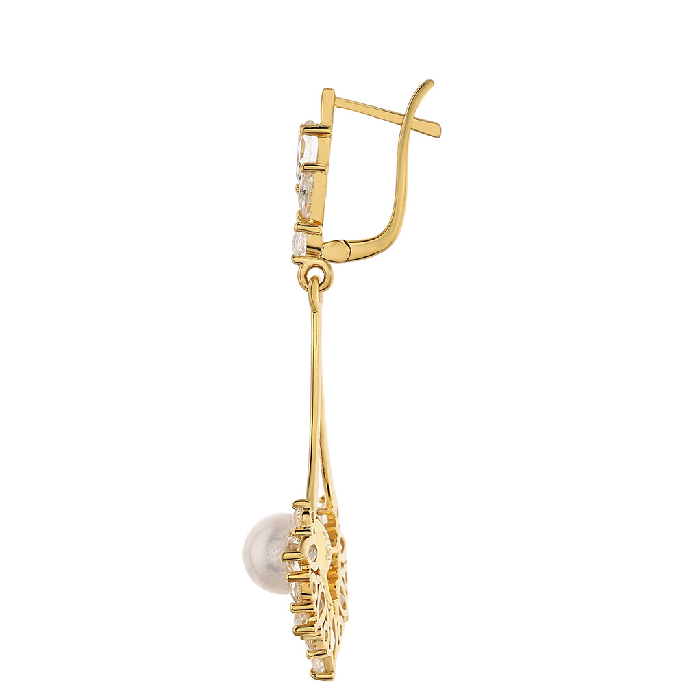 Cercei din Argint 925 Placat cu Aur ( 3.41 grame ) cu Perlă de Cultură și Topaz Alb 10.28 Carate