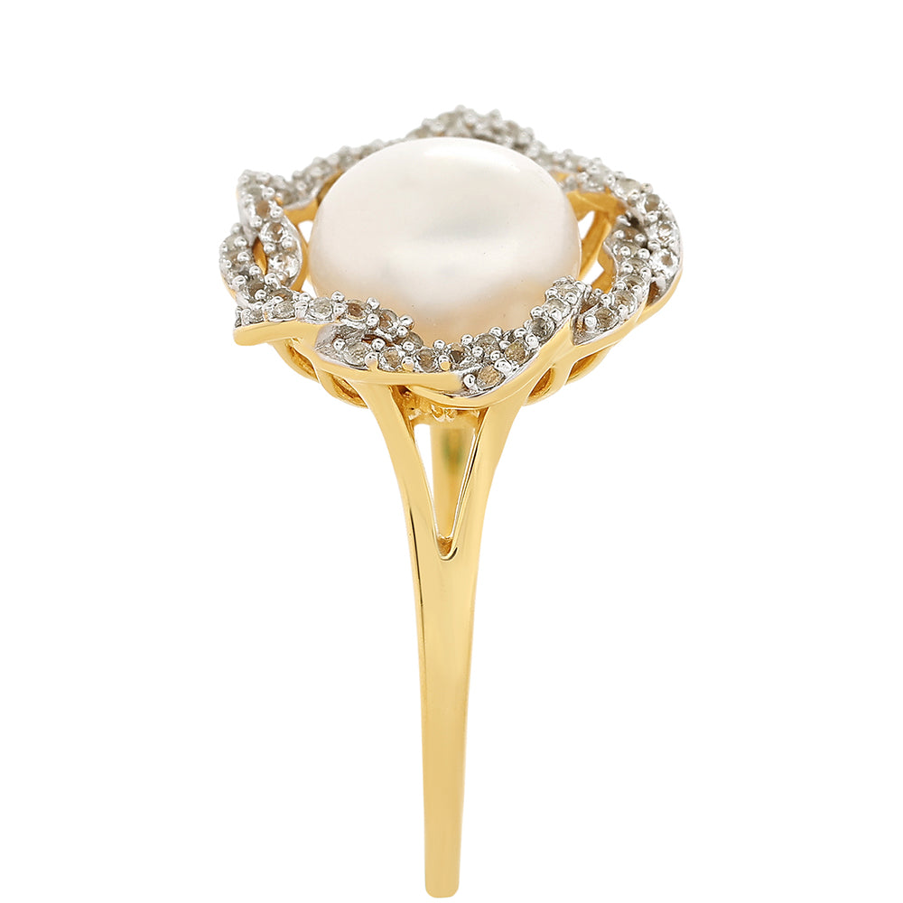Inel din Argint 925 Placat cu Aur ( 4.04 grame ) cu Perlă de Cultură și Topaz Alb 4.47 Carate