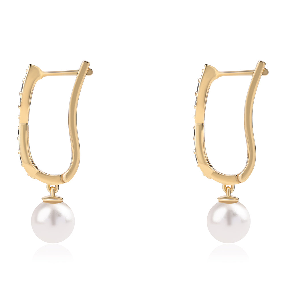 Cercei din Argint 925 Placat cu Aur ( 4.26 grame ) cu Spinel Negru și Perlă de Apă Dulce Albă 7.91 Carate