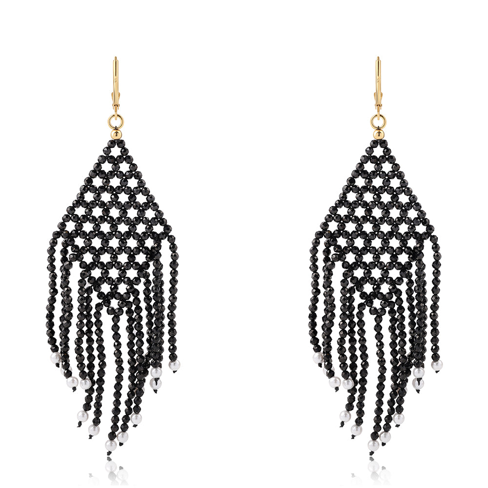 Cercei din Argint 925 Placat cu Aur ( 0.78 grame ) cu Spinel Negru și Perlă de Apă Dulce Albă 38.9 Carate