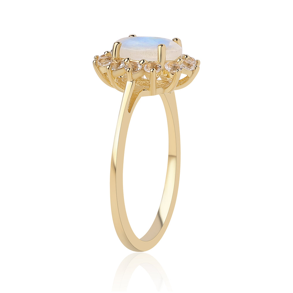 Inel din Argint 925 Placat cu Aur ( 1.85 grame ) cu Piatra Lunii Curcubeu Clasa ”AA” și Topaz Alb 1.32 Carate
