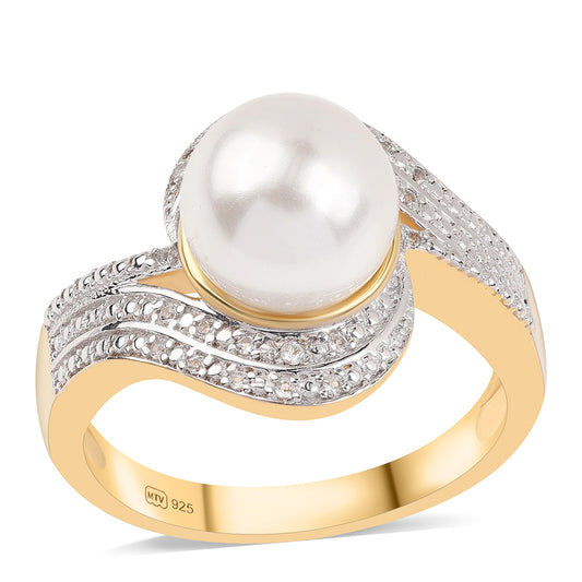 Inel din Argint 925 Placat cu Aur ( 5.42 grame ) cu Perlă de Apă Dulce Albă și Topaz Alb 7.32 Carate