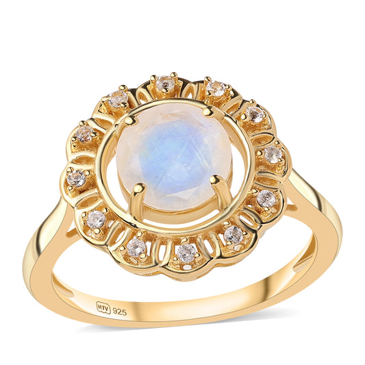 Inel din Argint 925 Placat cu Aur ( 3.72 grame ) cu Piatra Lunii Curcubeu Clasa ”AA” și Topaz Alb 1.84 Carate