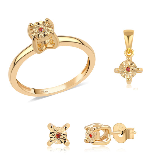 Set din Argint 925 Placat cu Aur ( 1.3 grame ) cu Diamant Roșu 0.02 Carate ( Cercei+Inel+Pandantiv )