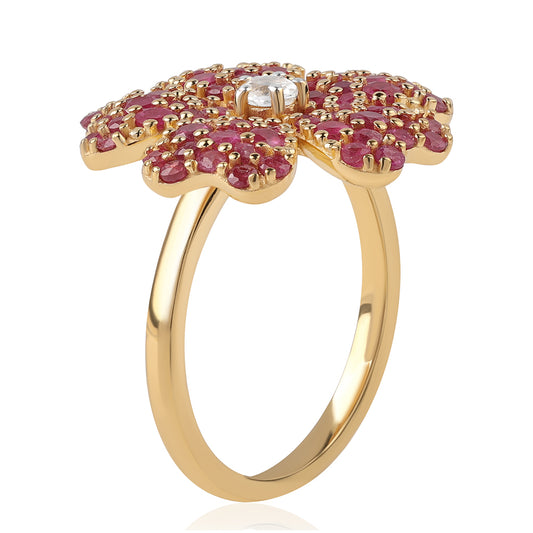 Inel din Argint 925 Placat cu Aur ( 4.23 grame ) cu Rubin Mozambic și Topaz Alb 1.65 Carate