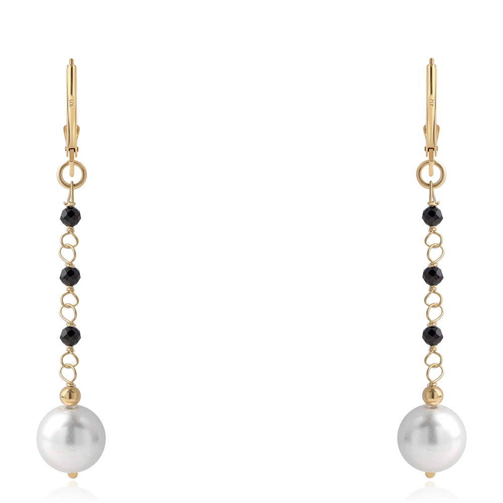 Cercei din Argint 925 Placat cu Aur ( 0.8 grame ) cu Spinel Negru și Perlă de Apă Dulce Albă 14.2 Carate