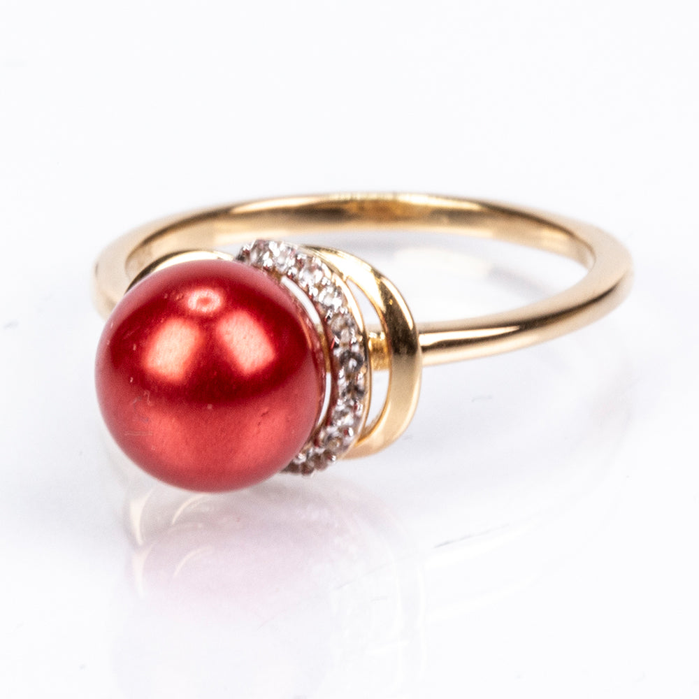 Inel din Argint 925 Placat cu Aur ( 1.9 grame ) cu Perlă de apă dulce roșie și Topaz Alb 3.91 Carate