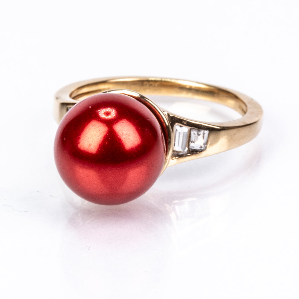 Inel din Argint 925 Placat cu Aur ( 2.52 grame ) cu Perlă de apă dulce roșie și Topaz Alb 7.62 Carate