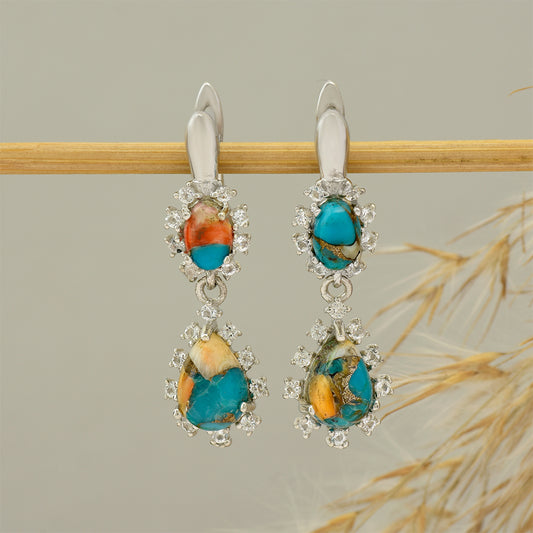Cercei din Argint 925 ( 4.57 grame ) cu Turcoaz Oyster și Topaz Alb 3.58 Carate