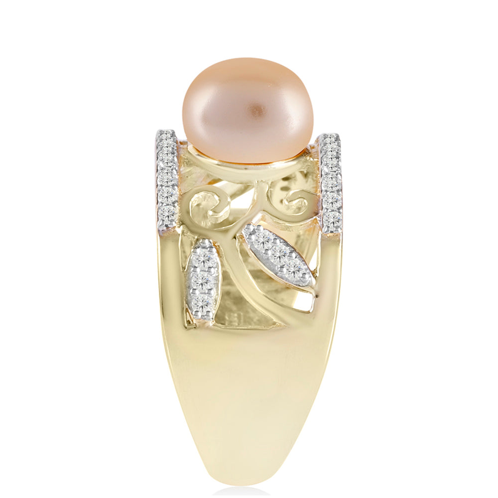 Inel din Argint 925 Placat cu Aur ( 5.88 grame ) cu Perlă de Apă Dulce culoare Aurie și Topaz Alb 2.88 Carate