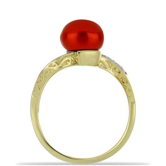 Inel din Argint 925 Placat cu Aur ( 2.57 grame ) cu Perlă de apă dulce roșie și Topaz Alb 2.64 Carate