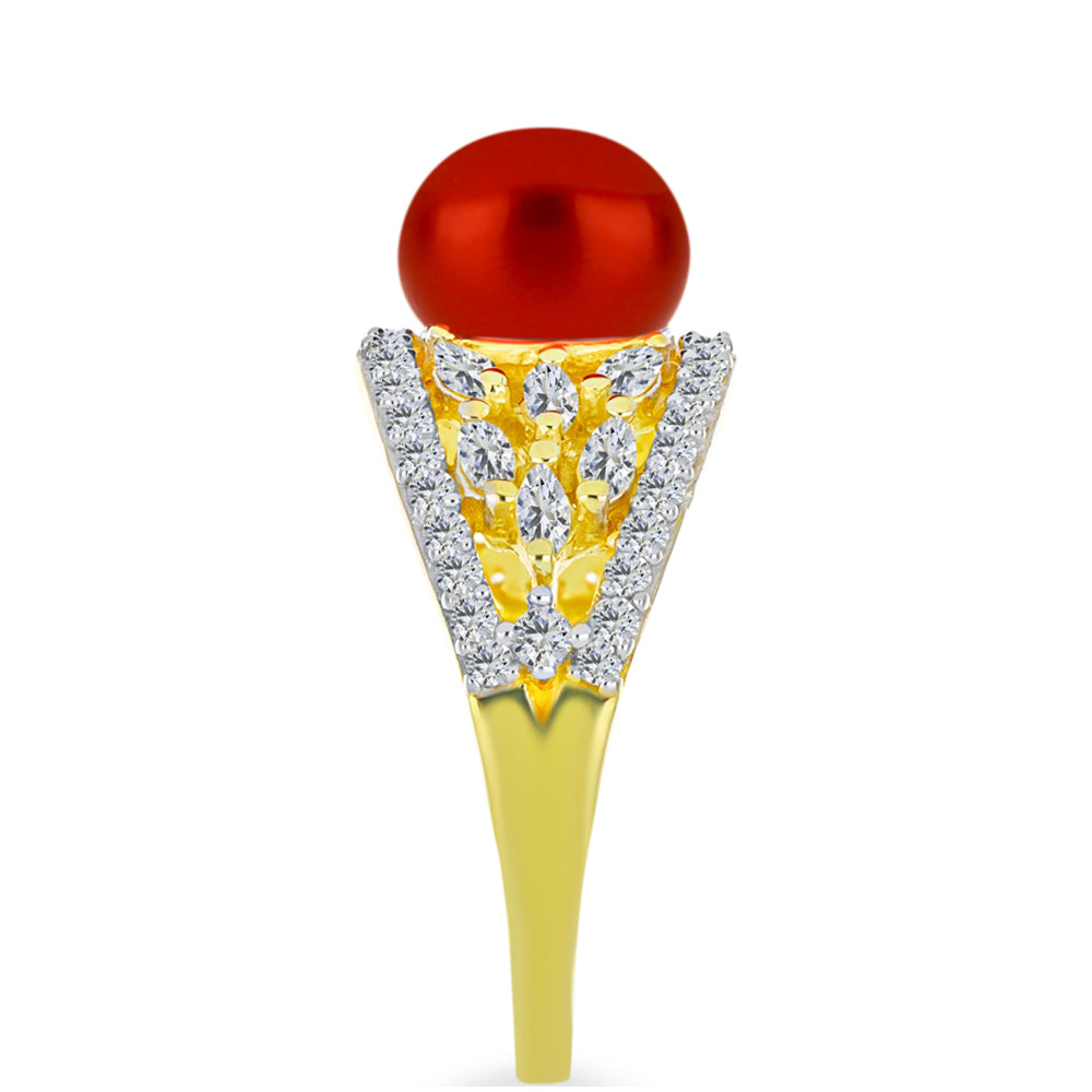 Inel din Argint 925 Placat cu Aur ( 3.47 grame ) cu Perlă de apă dulce roșie și Topaz Alb 3.33 Carate