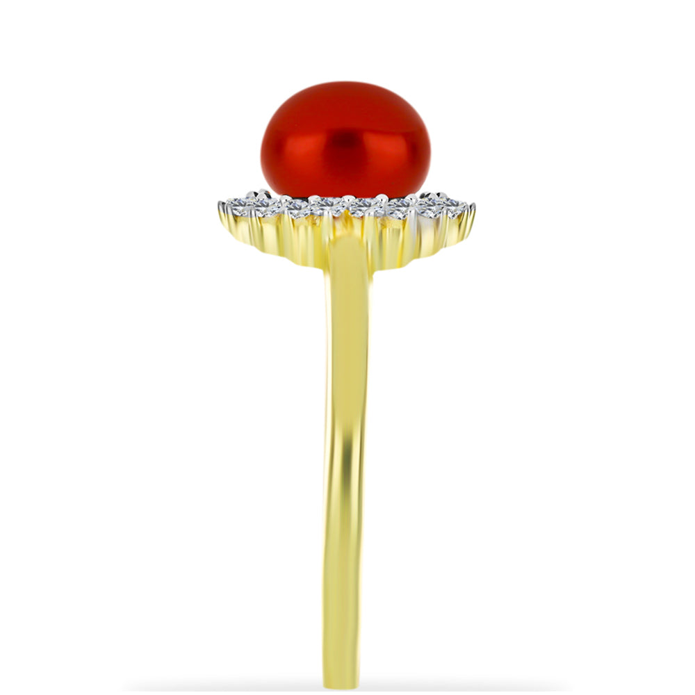 Inel din Argint 925 Placat cu Aur ( 3.07 grame ) cu Perlă de apă dulce roșie și Topaz Alb 2.84 Carate