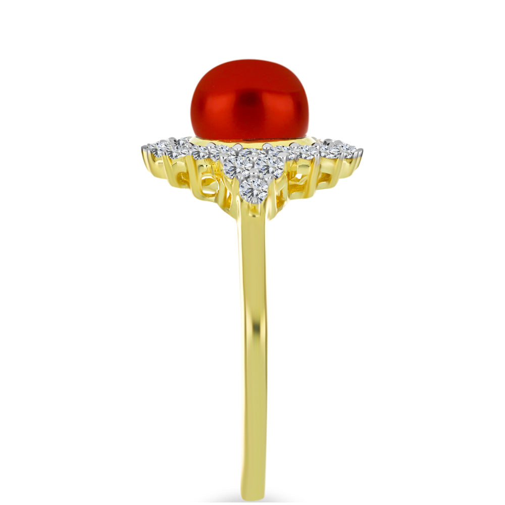Inel din Argint 925 Placat cu Aur ( 3.14 grame ) cu Perlă de apă dulce roșie și Topaz Alb 3.07 Carate