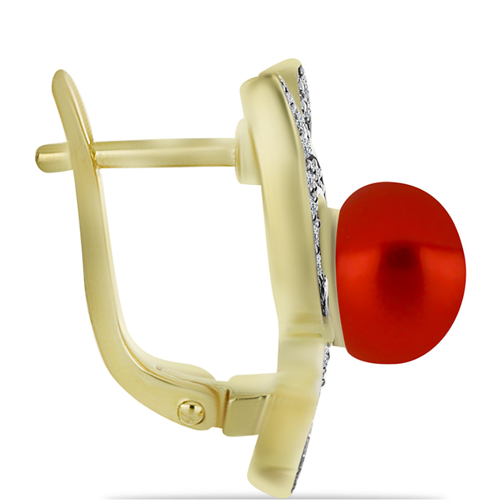 Cercei din Argint 925 Placat cu Aur ( 4.77 grame ) cu Perlă de apă dulce roșie și Topaz Alb 5.4 Carate