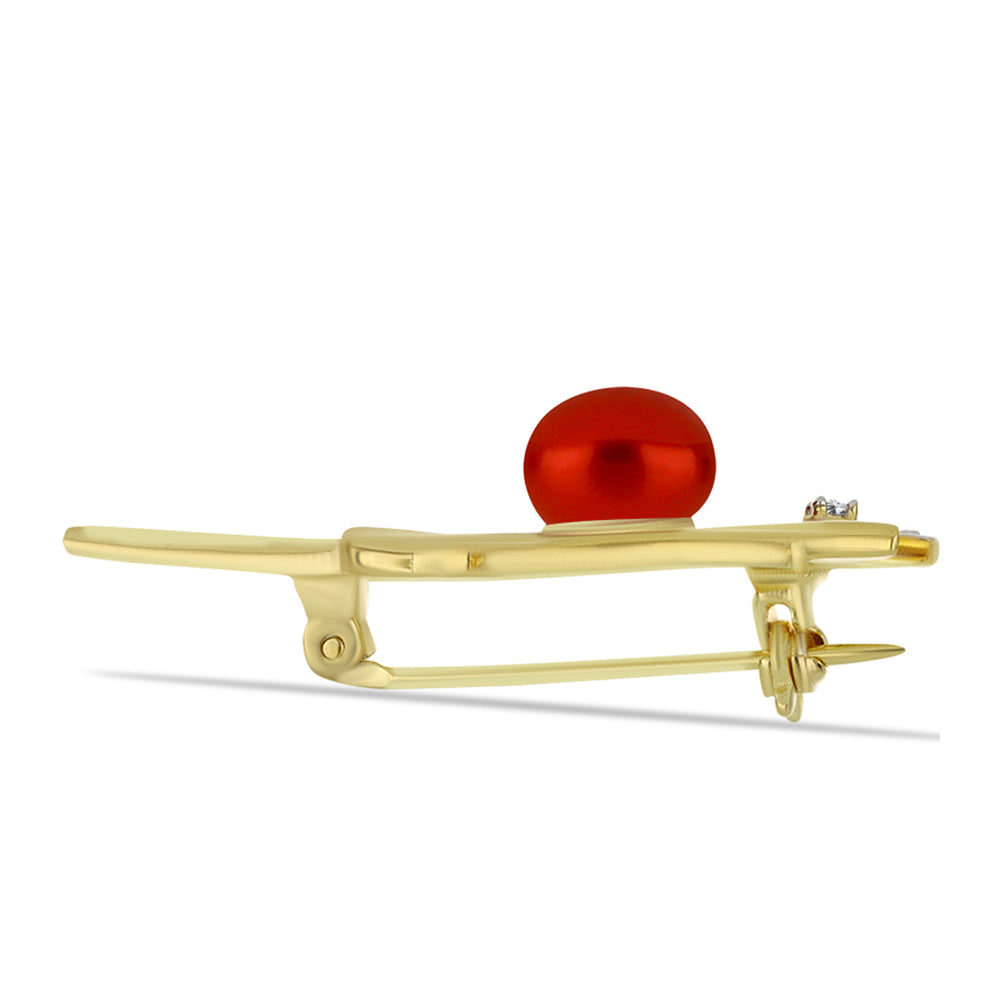 Broşă din Argint 925 Placat cu Aur ( 2.99 grame ) cu Perlă de apă dulce roșie și Topaz Alb 2.59 Carate