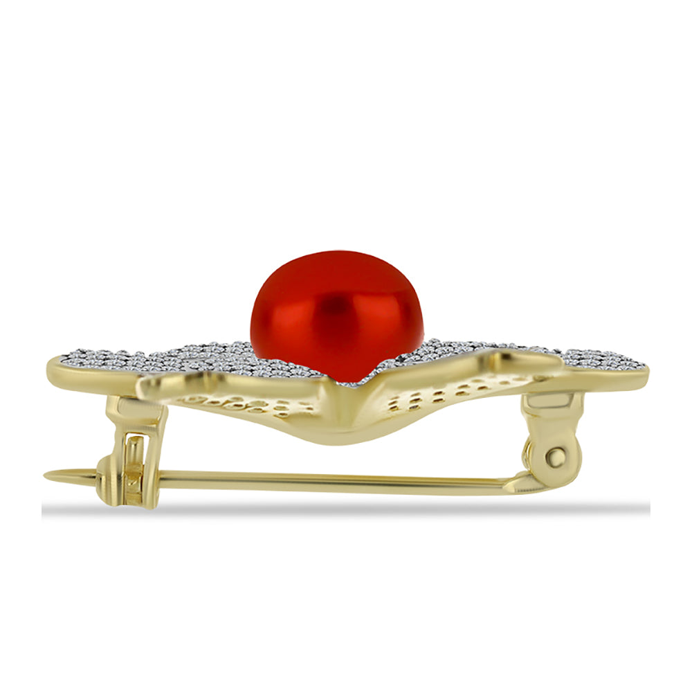Broşă din Argint 925 Placat cu Aur ( 6.15 grame ) cu Perlă de apă dulce roșie și Topaz Alb 4.17 Carate