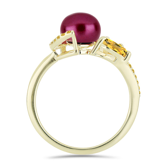 Inel din Argint 925 Placat cu Aur ( 2.76 grame ) cu Perlă de cultură Violet și Citrin Ural 3.33 Carate