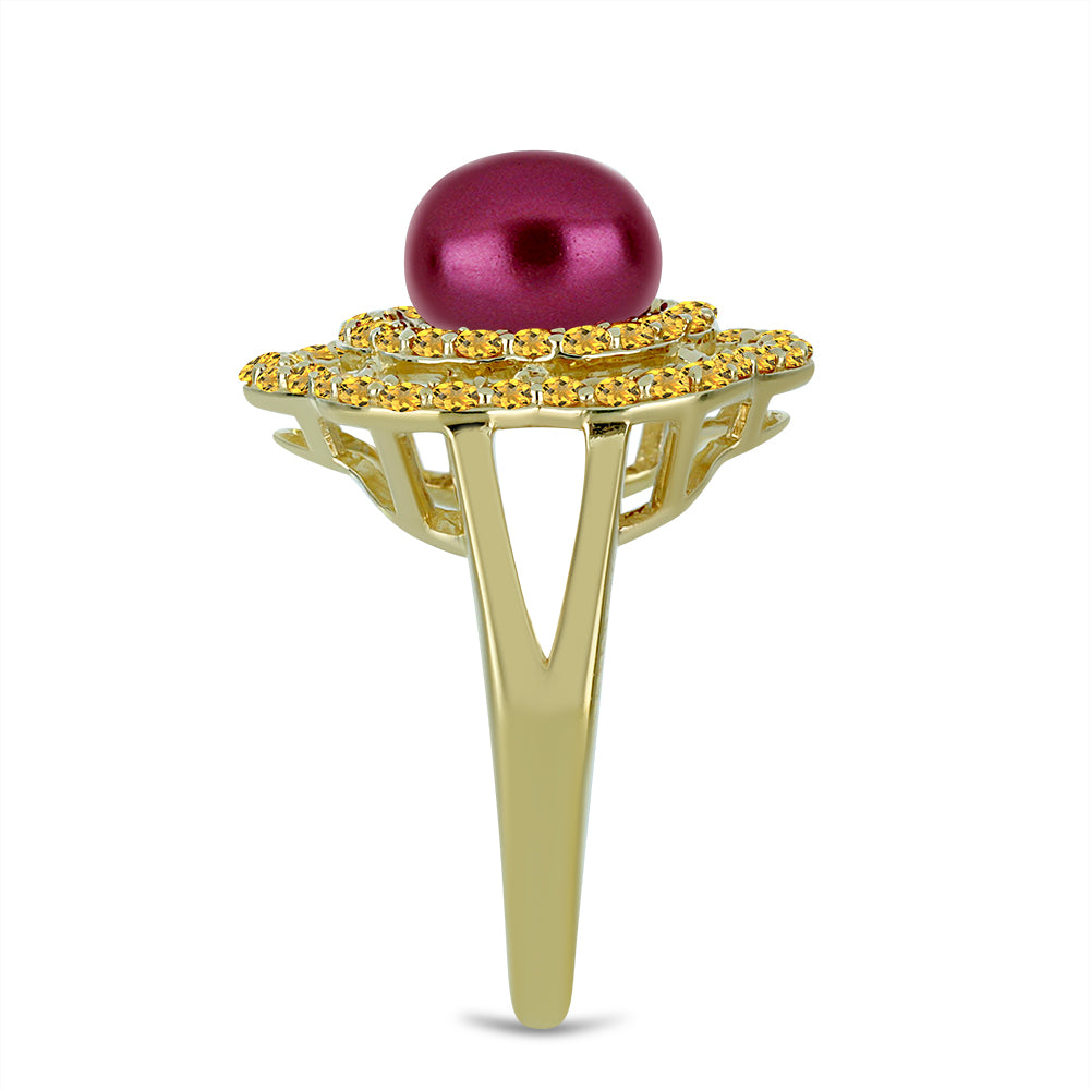 Inel din Argint 925 Placat cu Aur ( 3.27 grame ) cu Perlă de cultură Violet și Citrin Ural 3.31 Carate