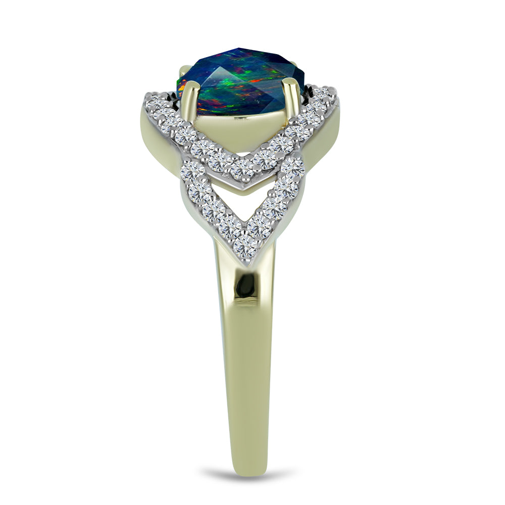 Inel din Argint 925 Placat cu Aur ( 3.32 grame ) cu Opal Etiopian Negru Lega Dembi și Topaz Alb 1.49 Carate