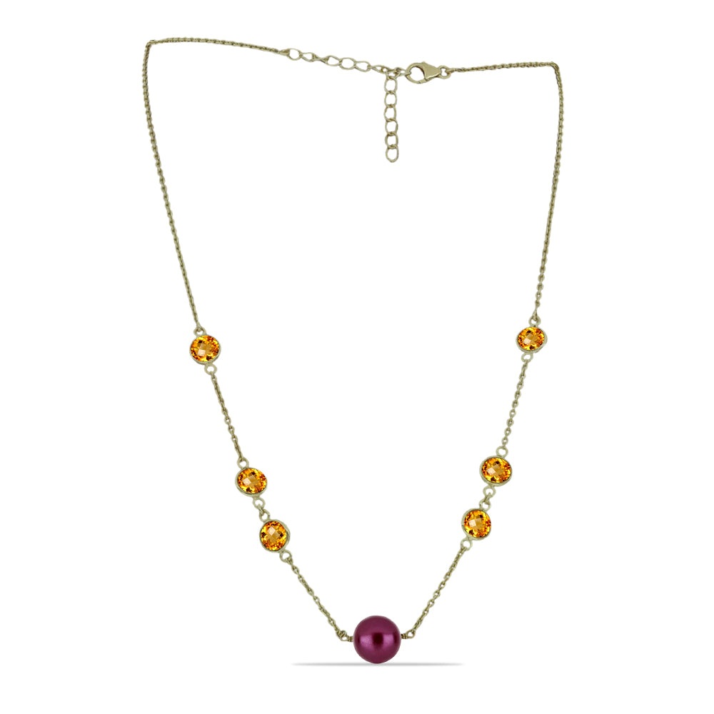 Colier din Argint 925 Placat cu Aur ( 3.07 grame ) cu Perlă de cultură Violet și Citrin Ural 10.06 Carate