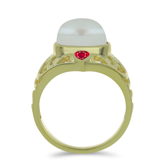 Inel din Argint 925 Placat cu Aur ( 3.99 grame ) cu Perlă de Apă Dulce Albă și Rubin Malagasy 7 Carate