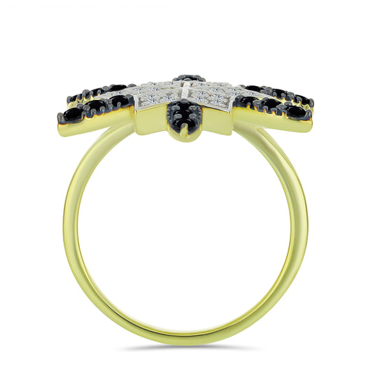 Inel din Argint 925 Placat cu Aur ( 4.73 grame ) cu Spinel Negru și Topaz Alb 1.19 Carate