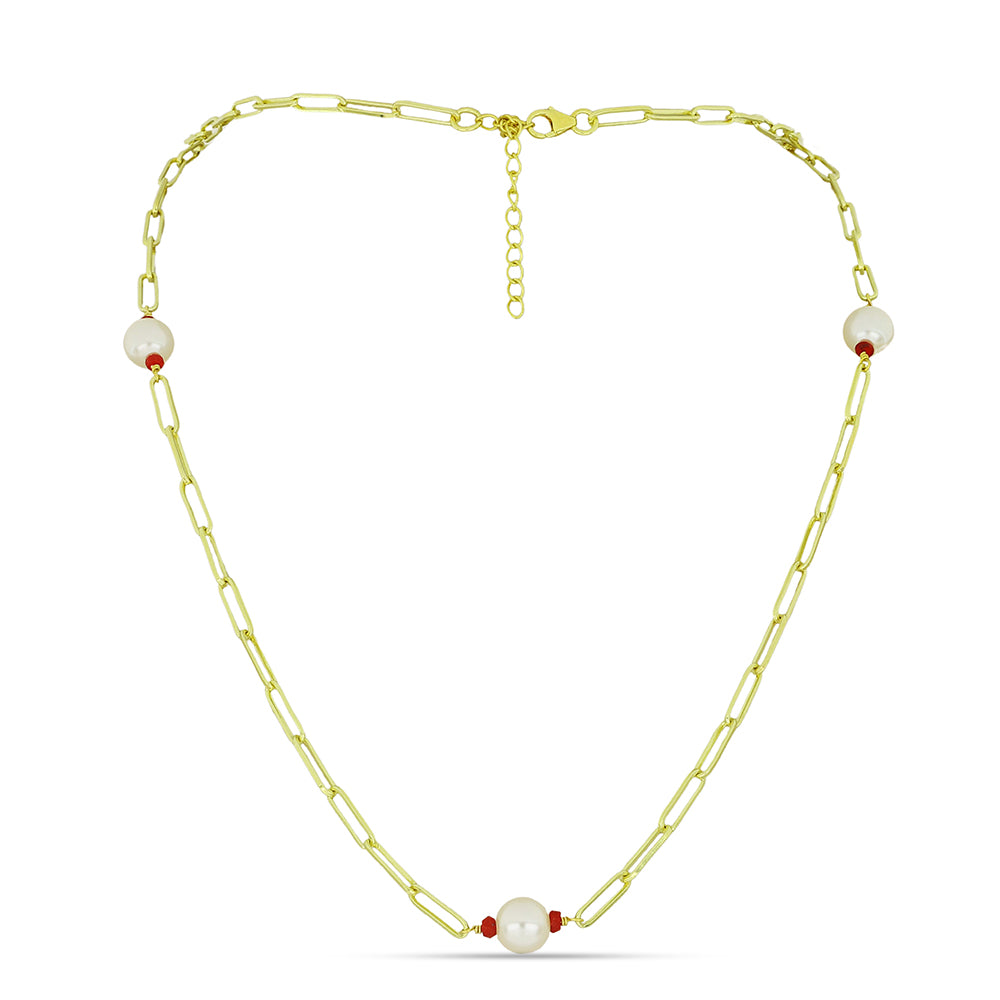 Colier din Argint 925 Placat cu Aur ( 6.88 grame ) cu Perlă de Apă Dulce Albă și Rubin Malagasy 12.53 Carate