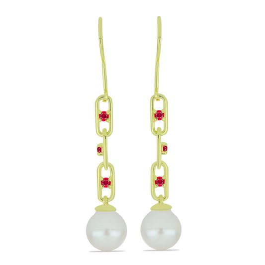 Cercei din Argint 925 Placat cu Aur ( 2.01 grame ) cu Perlă de Apă Dulce Albă și Rubin Malagasy 8.48 Carate