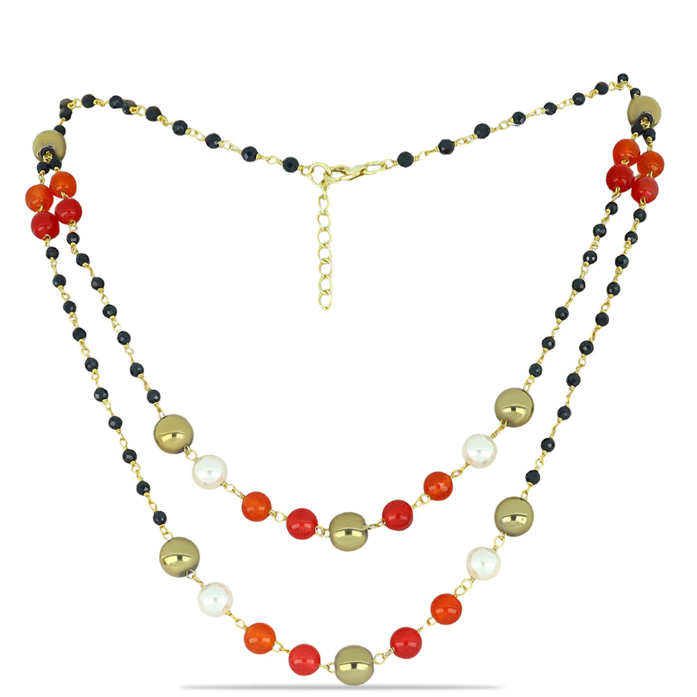 Colier din Argint 925 Placat cu Aur ( 3.7 grame ) cu Obsidian și Perlă de Apă Dulce Albă 94.75 Carate