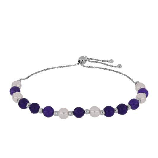 Brățară din Argint 925 ( 2.42 grame ) cu Jad Violet și Perlă de Apă Dulce Albă 23.14 Carate