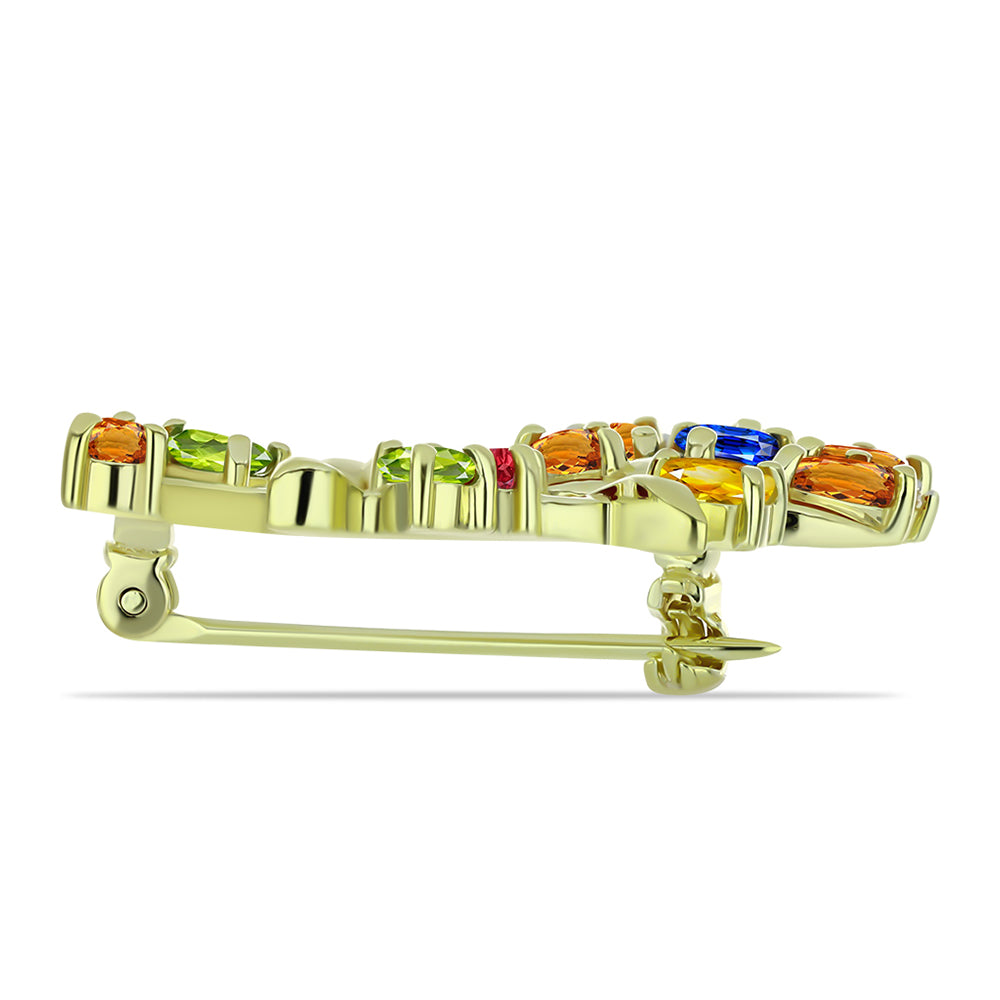 Broşă din Argint 925 Placat cu Aur ( 4.68 grame ) cu Safir Rosebery Curcubeu și Topaz Alb 3.19 Carate