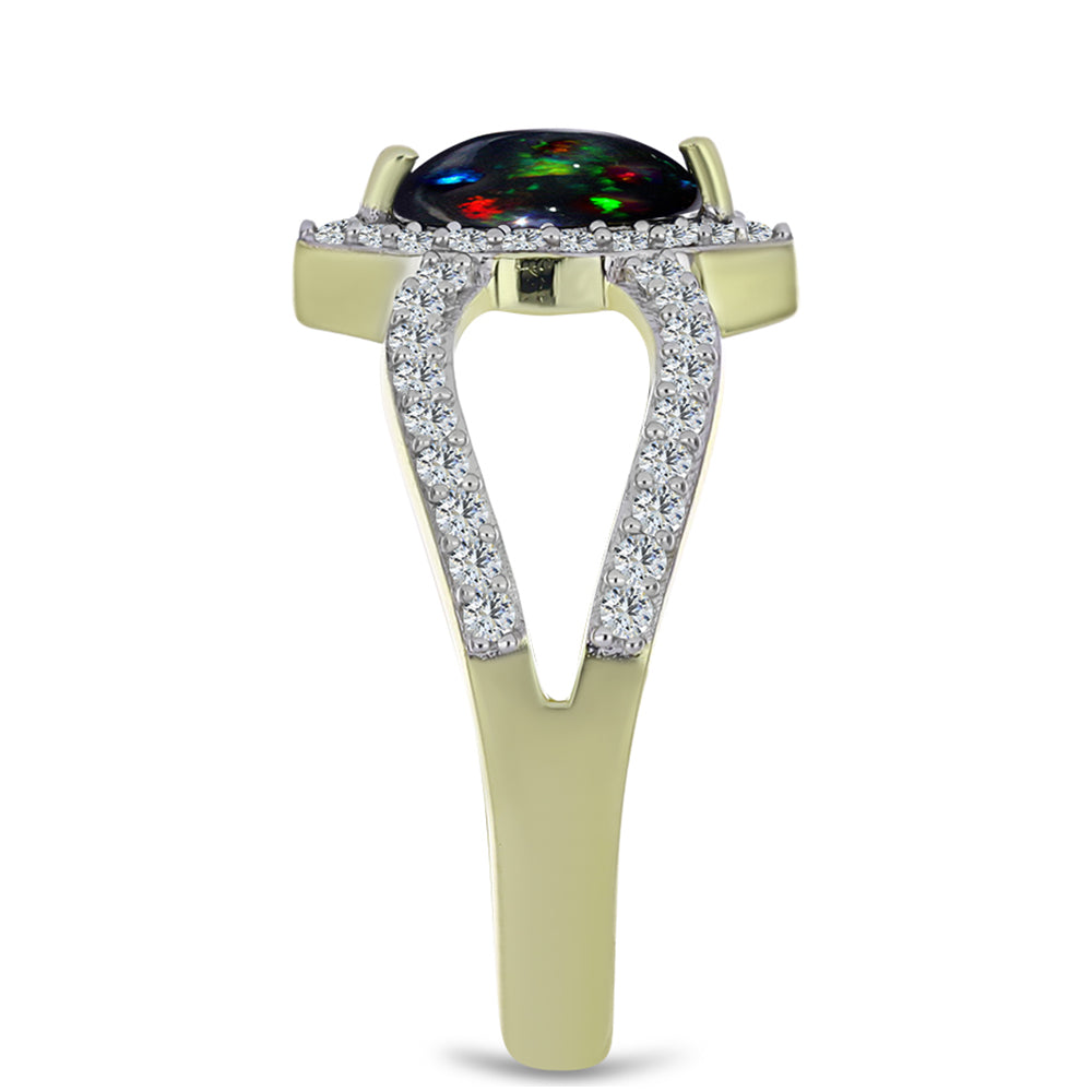 Inel din Argint 925 Placat cu Aur ( 3.29 grame ) cu Opal Etiopian Negru Lega Dembi și Topaz Alb 0.87 Carate