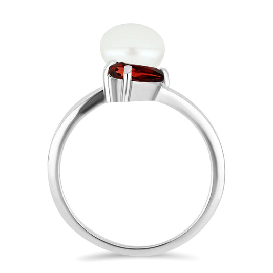 Inel din Argint 925 ( 2.83 grame ) cu Granat Barton și Perlă de Apă Dulce Albă 3.53 Carate