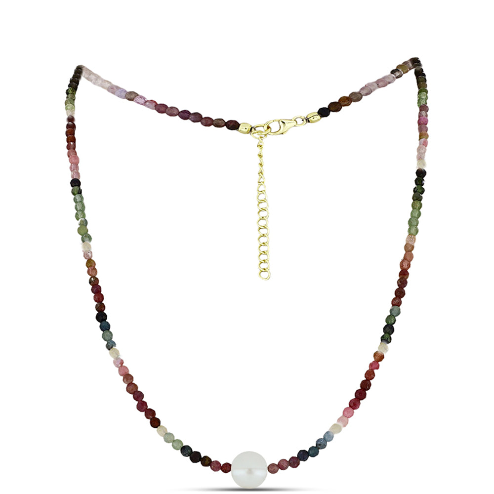 Colier din Argint 925 Placat cu Aur ( 1 grame ) cu Turmalină Chakra și Perlă de Apă Dulce Albă 42 Carate