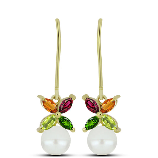 Cercei din Argint 925 Placat cu Aur ( 2.03 grame ) cu Turmalină Chakra și Perlă de Apă Dulce Albă 3.23 Carate