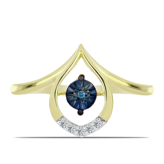 Inel din Argint 925 Placat cu Aur ( 2.08 grame ) cu Diamant Albastru Dansator și Topaz Alb 0.05 Carate