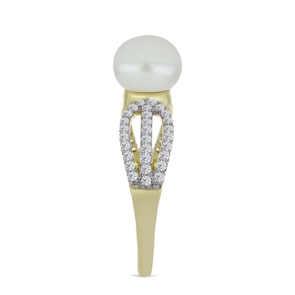 Inel din Argint 925 Placat cu Aur ( 2.07 grame ) cu Perlă de Apă Dulce Albă și Topaz Alb 3.33 Carate