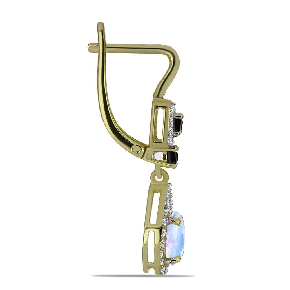 Cercei din Argint 925 Placat cu Aur ( 4.21 grame ) cu Piatra Lunii Curcubeu și Spinel Negru 2.35 Carate