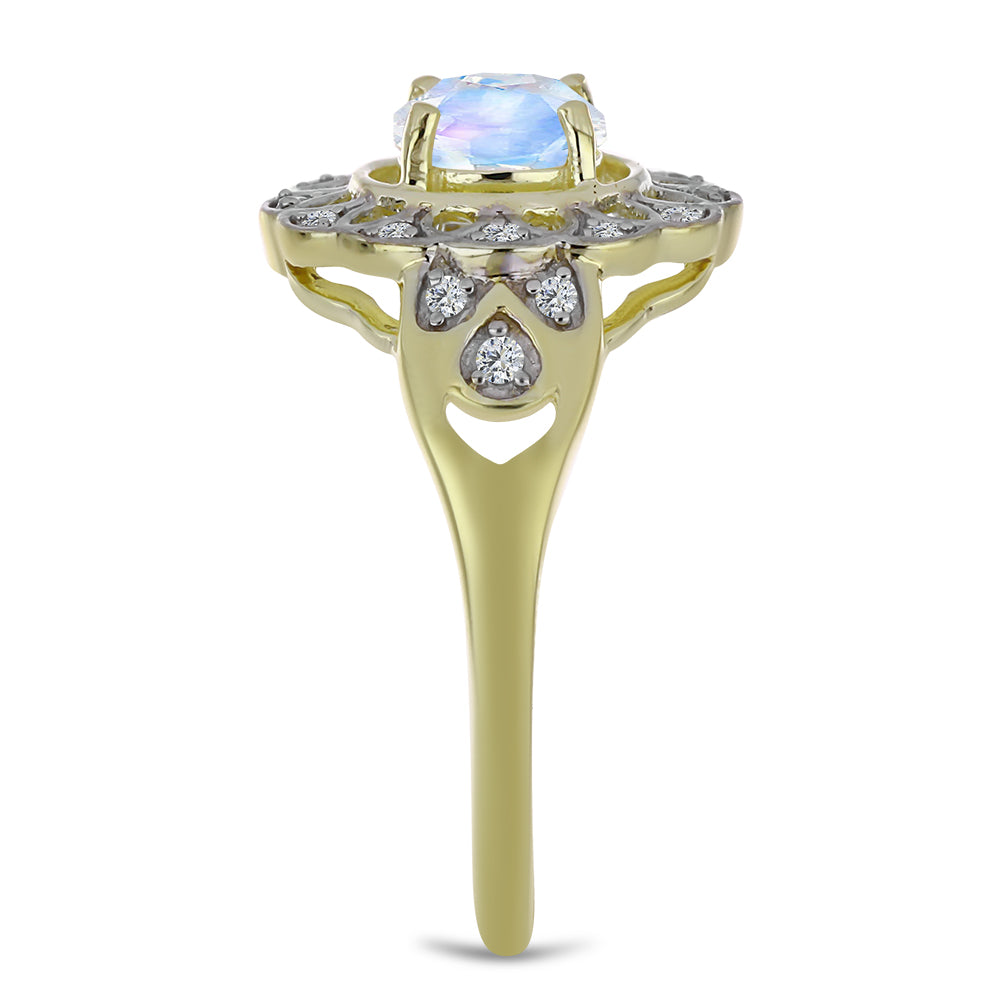 Inel din Argint 925 Placat cu Aur ( 3.19 grame ) cu Piatra Lunii Curcubeu și Topaz Alb 1.02 Carate