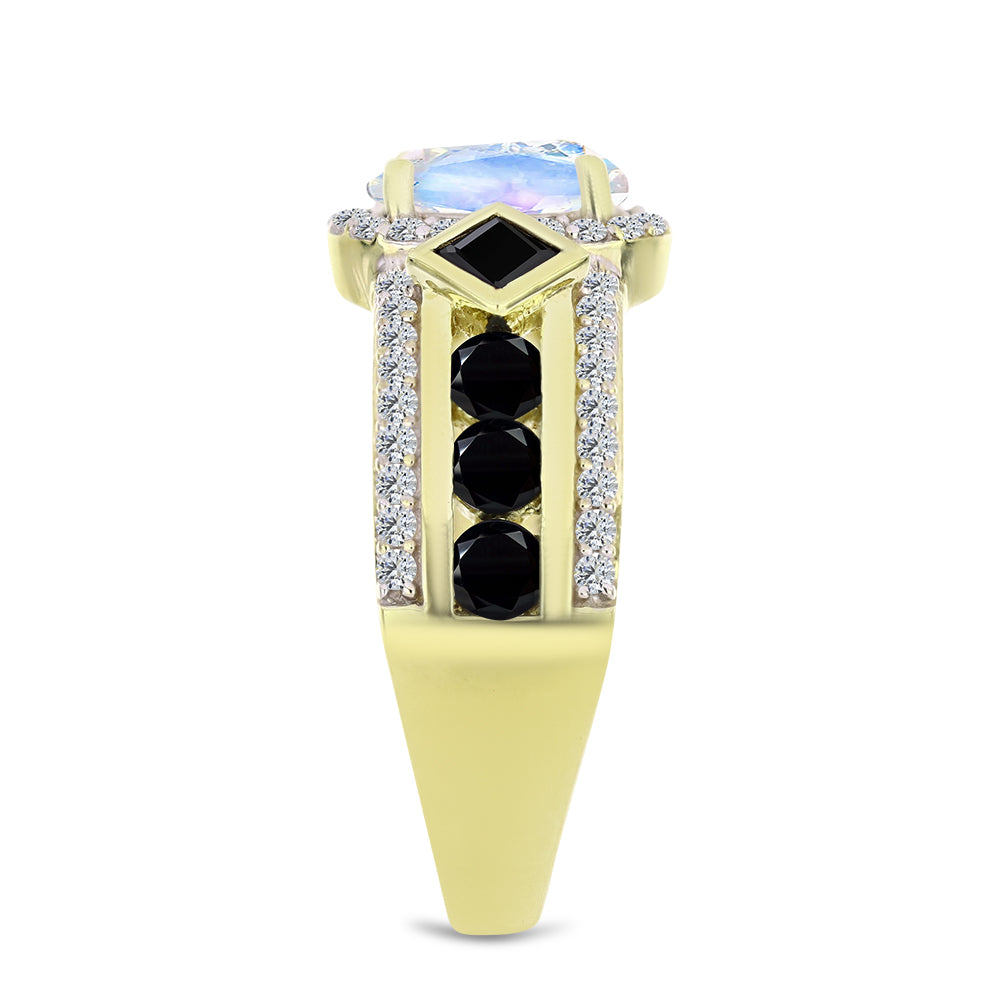 Inel din Argint 925 Placat cu Aur ( 4.7 grame ) cu Piatra Lunii Curcubeu și Spinel Negru 3.02 Carate