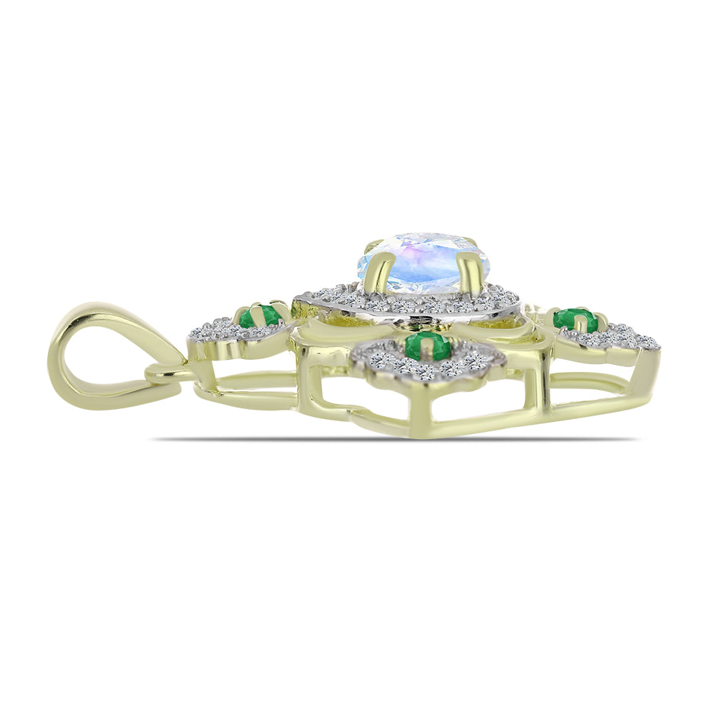 Pandantiv din Argint 925 Placat cu Aur ( 2.61 grame ) cu Piatra Lunii Curcubeu și Smarald Brazilian 1.51 Carate